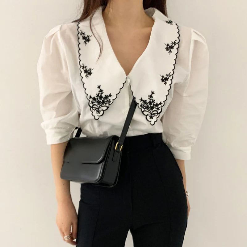 ZAROY camisas قمصان وبلوزات Elegant Embroidery Lace Women Blouse Flower Half Sleeve White Shirt Spring Autumn Womens Top  Amaijoin