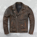 Carregue a imagem no visualizador da Galeria, Cowhide Leather Leather Coat Men&#39;s Retro Distressed Motorcycle Cycling Clothing Trendy Youth LapeSpring and Autumn Coat  Amaijoin
