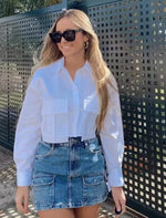 Carregue a imagem no visualizador da Galeria, XNWMNZ 2024 Women&#39;s Fashion Crop Pocket Shirt Women High Street Lapel Long Sleeve Versatile Female Chic Top  Amaijoin
