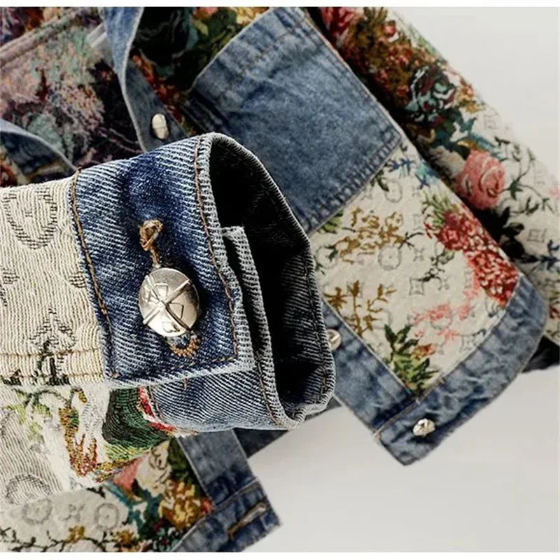 2024 Spring Autumn New Print Denim Jacket Splicing Long Sleeve Lapel Pocket Denim Tops Women's Short Jacket Fashion Cowgirl Coat  Amaijoin