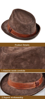 Load image into Gallery viewer, Men Genuine Leather Suede Cow Skin Nubuck Brown Fedoras Hats Women Gentleman Male Jazz Hip Pop Caps 56-60cm Fitted Hat  Amaijoin
