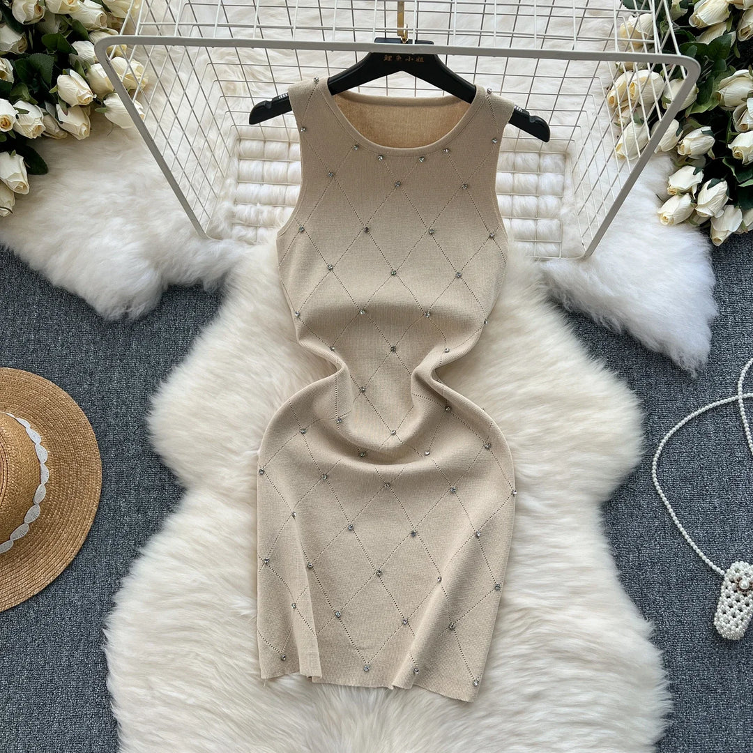 Beading  Summer Women's Knitting Sheath Tank Dress Female Bodycon Knitted Camisole Sleeveless Mini Dresses For Woman Outfits  Amaijoin