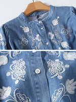 Carregue a imagem no visualizador da Galeria, Streetwear 2024 New Floral embroidery shirt for women Denim blouse High quality O-neck Long Puff sleeve tops Autumn INKEO 4T058  Amaijoin
