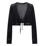 Carregue a imagem no visualizador da Galeria, Tie Front Knit Cardigan Y2K Sheer Hollow-Out Long Sleeve Crop Sweater for Women Teen-girl 90s Outfit  Amaijoin
