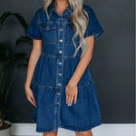 Carregue a imagem no visualizador da Galeria, 2024 Spring Summer New Women&#39;s Clothing Solid Color Short Sleeve Lapel Casual Denim Dress High Waist Dress  Amaijoin
