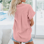 Carregue a imagem no visualizador da Galeria, Summer Women Blouse Short Sleeve Tops Fashion Casual Loose Lapel Button Up Shirt Office Solid Cotton Shirts Blusas Mujer  Amaijoin
