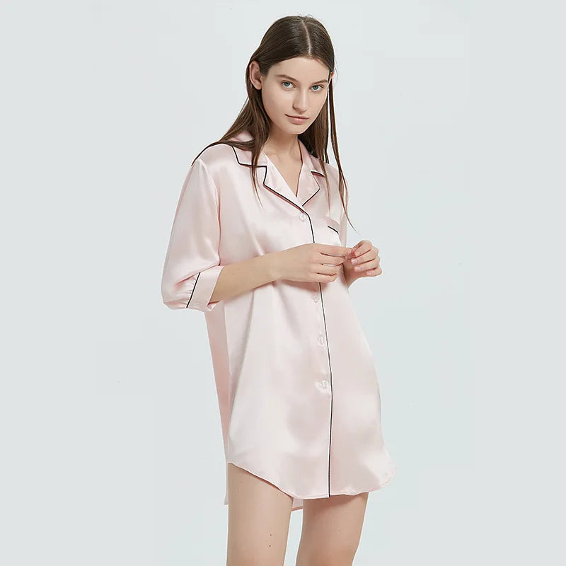 Birdtree 19 Mm Women's 100% Silk Nightgown Short Shirt Sleep Dress Turn Dollar Collar Sleepwear Solid  Half Sleeve Night P34411M  Amaijoin