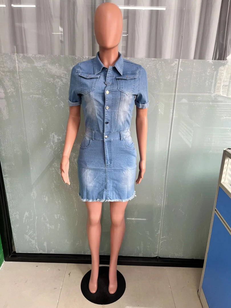 Nightclub Denim Dress Pockets Summer Y2K Sexy Slim Denim Dress Women Short Sleeve Single Breasted Hip Bodycon Mini Dress  Amaijoin