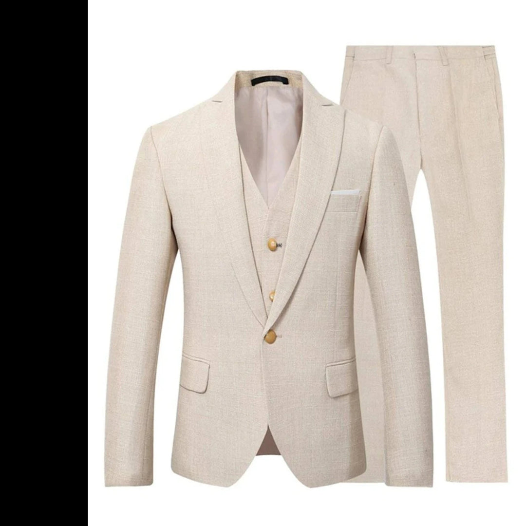 New Design Beige Linen Suit for Men 3 Pieces Formal Wedding Prom Set Slim Fit Jacket Best Man Groom Tuxedos Costume Homme  Amaijoin