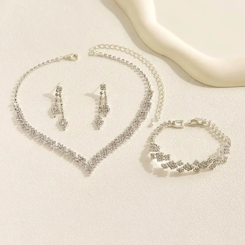 3 Pcs Bridal Jewelry Set Silver Plated Rhinestone Fold Clutch Bracelet Tassel Earrings Wedding Jewelry Gift Trendy Style  Amaijoin