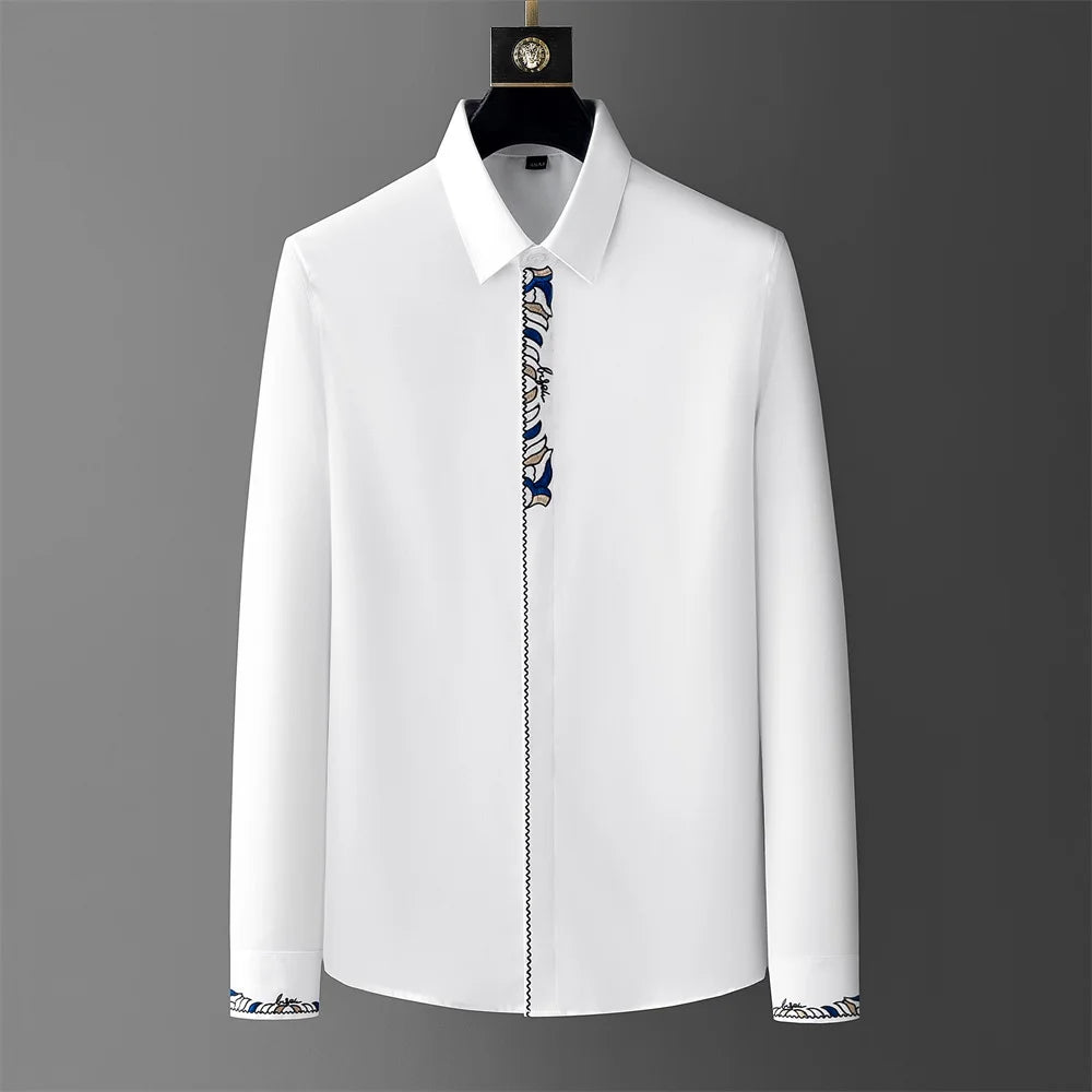 2024 Spring Luxury Placket Embroidery Men's Shirts Long Sleeve Slim Casual Business Dress Shirts Social Party Tuxedo Blouse 5XL  Amaijoin