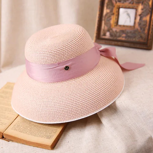 Hepburn bow ribbon sun hat women's straw hat Bucket hat color sunscreen sun hat beach hat wholesale  Amaijoin