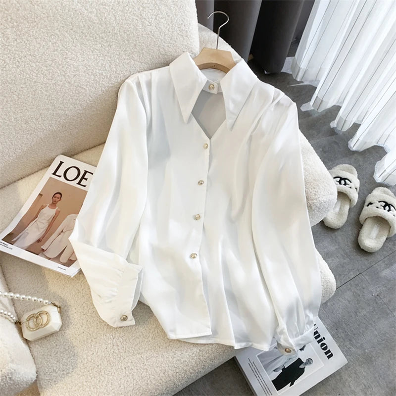 Zoki Sexy Hollow Out Women Satin Shirt Elegant Long Sleeve Casual Office Lady Blouse Korean Fashion All Match Loose White Tops  Amaijoin