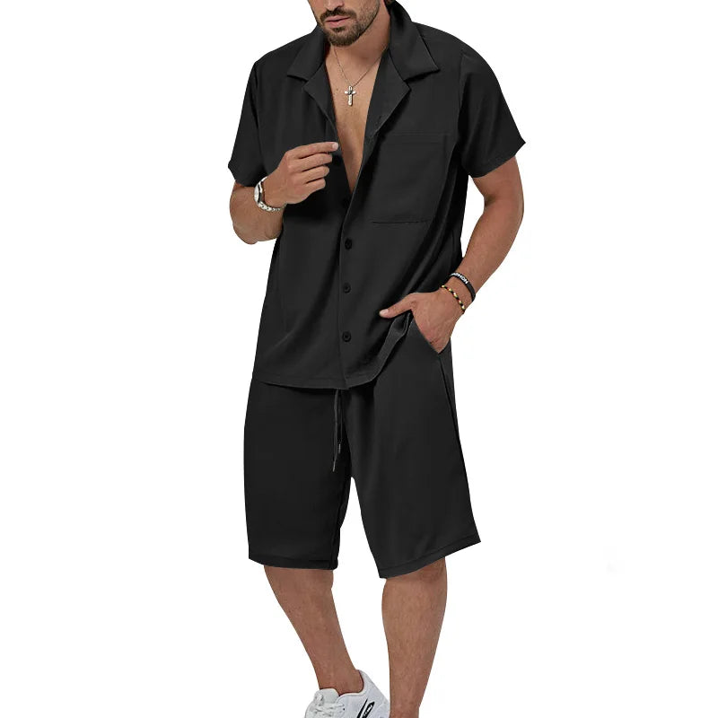 Men's Summer Casual Short Sleeved Shorts Simple Family Set Shirt Outdoor 2-Piece Breathable Beach Set  Amaijoin