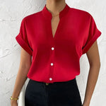 Carregue a imagem no visualizador da Galeria, Summer Minimalist Women&#39;s V-neck Shirt 2023 Elegant Women&#39;s Satin Red Short Sleeved Single Breasted Casual Fitting Office Shirt  Amaijoin
