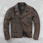 Carregue a imagem no visualizador da Galeria, Cowhide Leather Leather Coat Men&#39;s Retro Distressed Motorcycle Cycling Clothing Trendy Youth LapeSpring and Autumn Coat  Amaijoin
