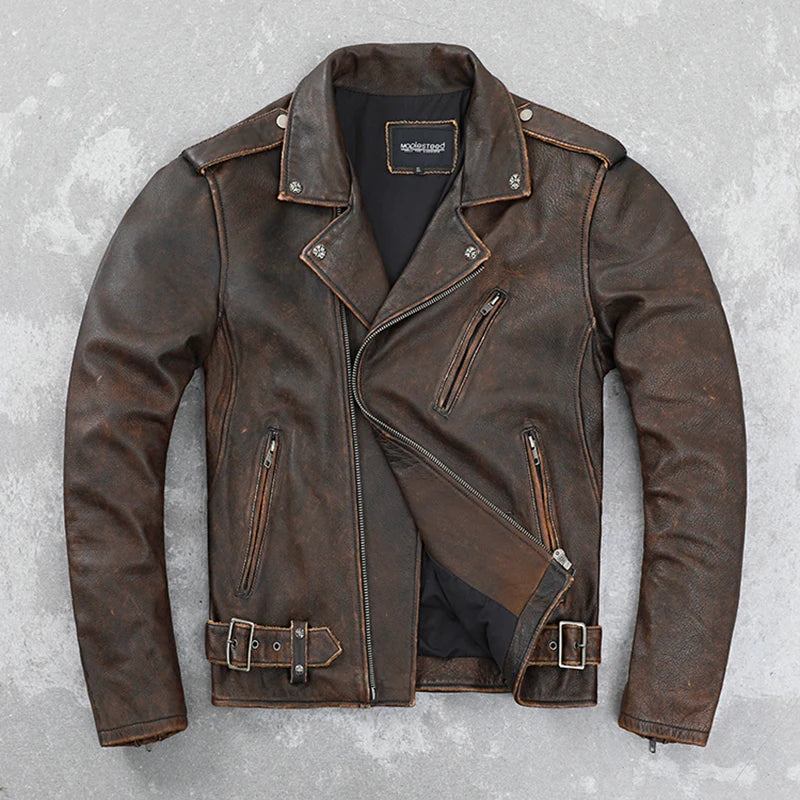 Cowhide Leather Leather Coat Men's Retro Distressed Motorcycle Cycling Clothing Trendy Youth LapeSpring and Autumn Coat  Amaijoin