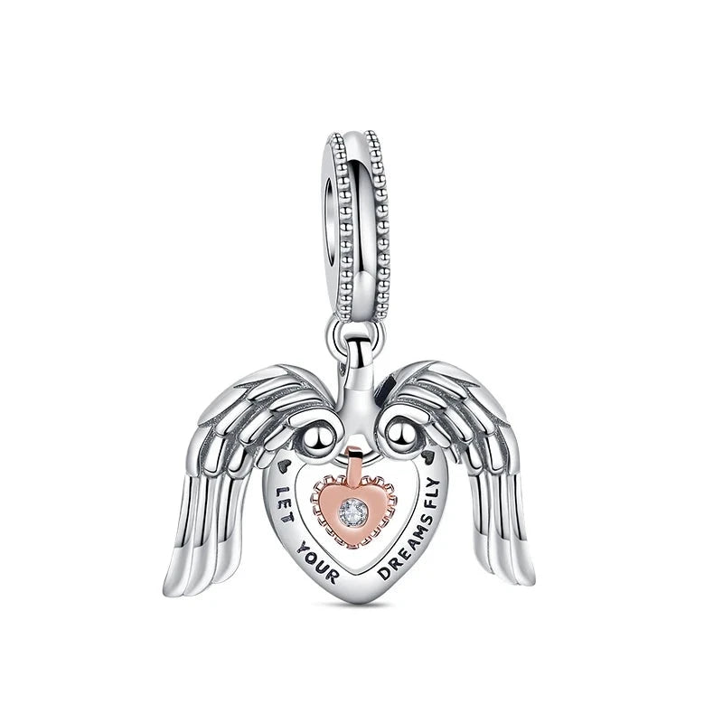 925 Sterling Silver My Angel Wings Heart Fashion Beads Fit Original Pandora Charms Bracelet Necklace Women Jewelry Anniversary  Amaijoin