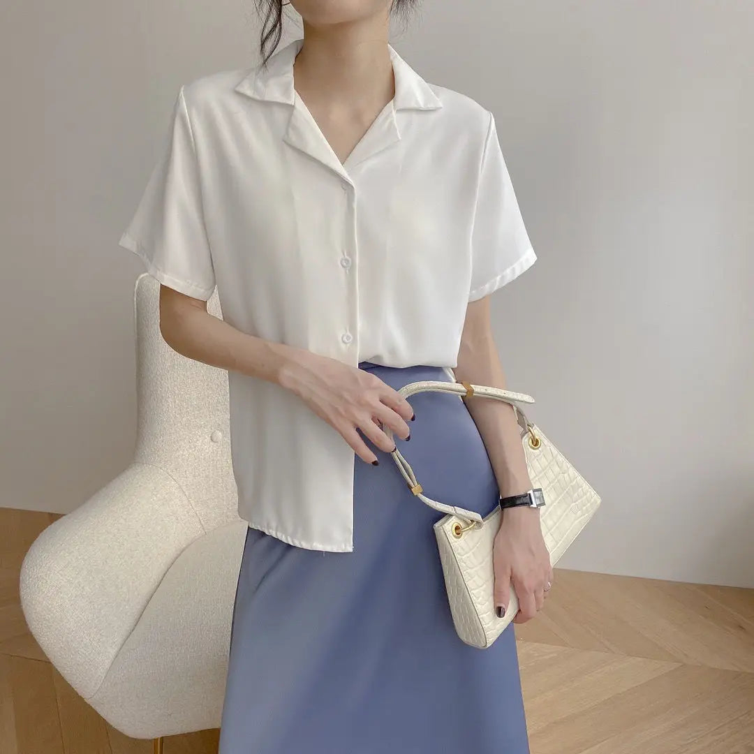 Women Summer Chiffon Blouse Elegant Short Sleeve V Neck Loose Shirt Casual Solid Korean Chic Simple Tops Female Tunic Blusas  Amaijoin