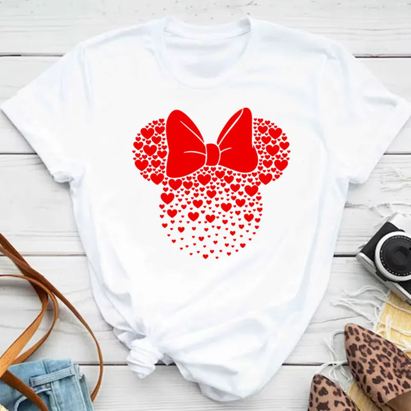 New T-shirts for Women Fashion Heart Minnie Print T Shirt Streetwear Clothes Kawaii Mickey Mouse Disney T Shirt Female Tops  Amaijoin