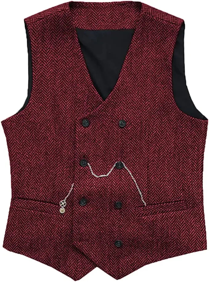 V Neck Men's  Suit Vests Herringbone Wool Tweed Double Breasted Waistcoat Tuxedo Groomsmen For  Wedding  Amaijoin