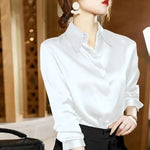 Carregue a imagem no visualizador da Galeria, Lucyever High Quality Imitation Silk Blouse Women Fashion Long Sleeve Loose Satin Blouses Korean Style Office Lady Stand Shirts  Amaijoin
