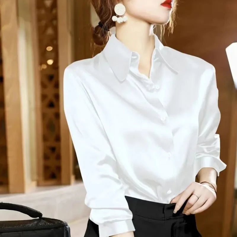 Lucyever High Quality Imitation Silk Blouse Women Fashion Long Sleeve Loose Satin Blouses Korean Style Office Lady Stand Shirts  Amaijoin