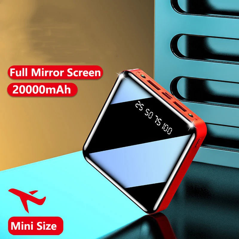 20000mAh Mini Power Bank Portable Charger Full Mirror Screen LED Light Digital Display Poverbank External Battery Pack Powerbank  Amaijoin