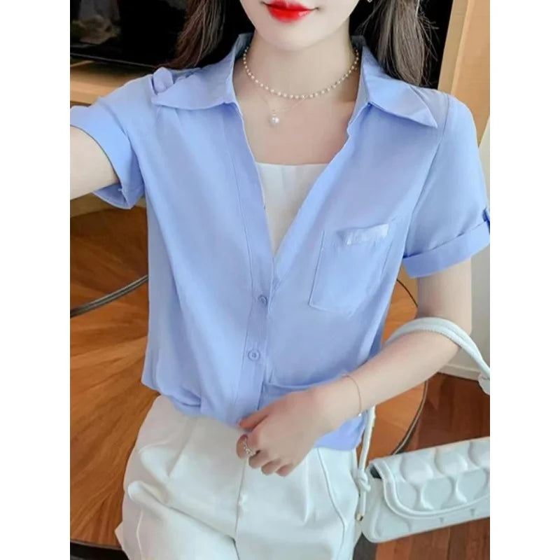 Polo Shirts for Women 2024 Fashionable French V-neck Fake Two White Shirts Summer Design Korean Loose Short Sleeved Shirt Top  Amaijoin