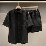 Carregue a imagem no visualizador da Galeria, Summer Loose Men&#39;s Suit Handsome lattice Short Sleeve Shirt + Shorts British Style Casual Two-piece Suit Jogger Outfit Tracksuit  Amaijoin
