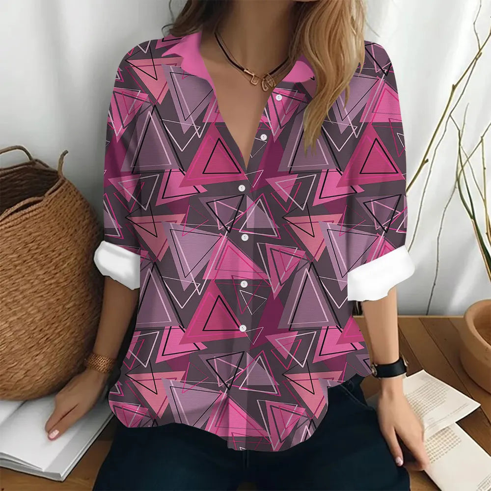 Autumn Women's Shirt Polo Collar Long Sleeve T-shirt Fashion Print Top Fashion Party Trend Women's Shirt Button Casual T-shirt  Amaijoin