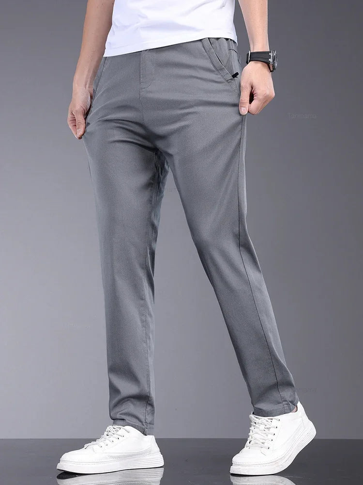 Bamboo Fiber Fabric Summer Men's Casual Pants Fashion Thin Soft Breathable Elastic Business Slim Straight Trousers Black Gray  Amaijoin