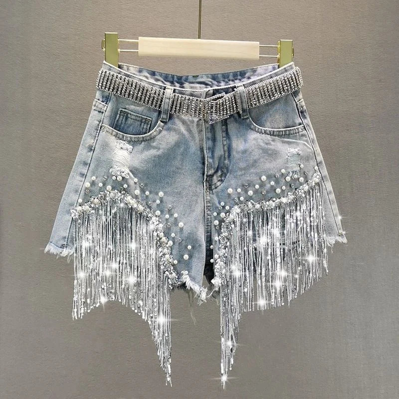 2023 Women Spring Summer New Elegant Shorts Lady Tassel Beading High Waist Wide Leg Denim Shorts Female Streetwear Casual Pants  Amaijoin