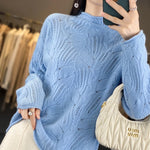 Carregue a imagem no visualizador da Galeria, 100% Australian Wool Sweater Solid Color Knitted Hollow Half High Collar Women&#39;s Pullover Sweater Slim Fit Exquisite Thin Style  Amaijoin
