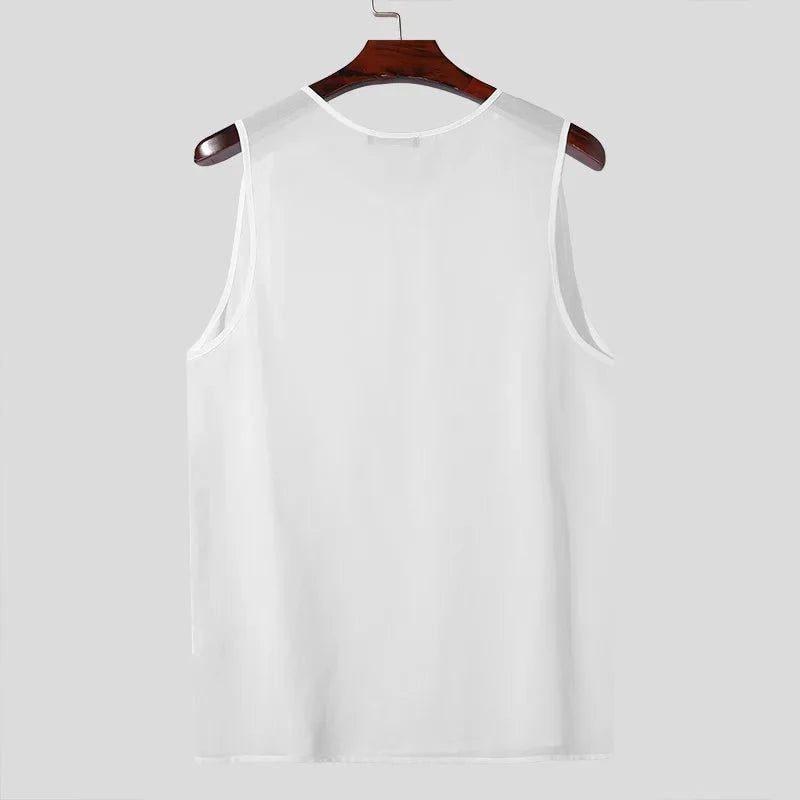 Men's Tank Tops Solid Color Transparent O-neck Sleeveless Summer Male Vests Sexy Streetwear 2024 Fashion Men Clothing INCERUN  Amaijoin