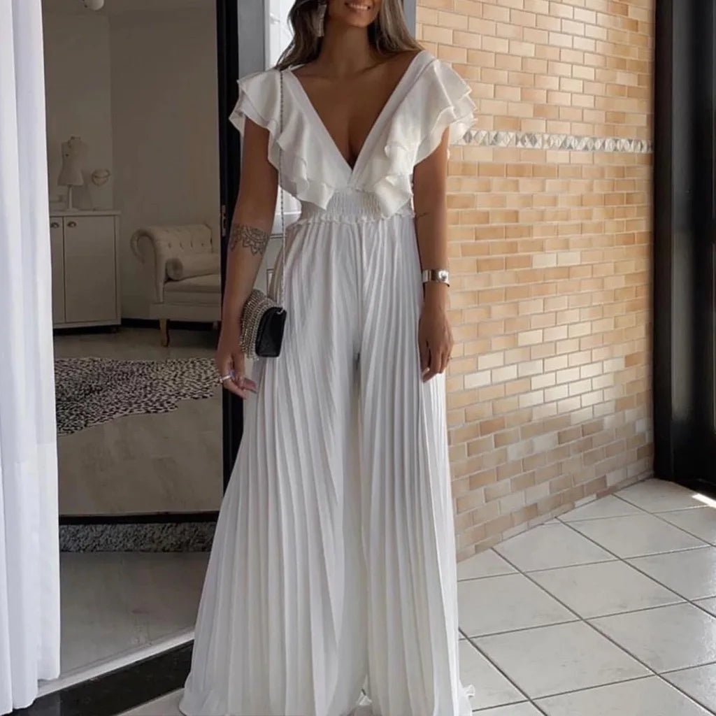 Elegant Pleated Jumpsuits & Rompers Women Deep V Neck Ruffles High Waisted Floor Length Luxury Birthday Party Dinner Outfits New  Amaijoin