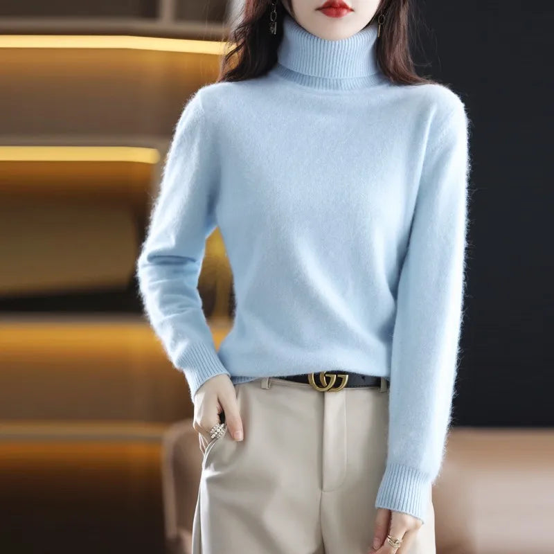 Autumn And Winter New 100% Mink Cashmere Sweater 2023 Women's High Neck Knitted Pullover Loose Korean Fashion Warm Women's Top  Amaijoin