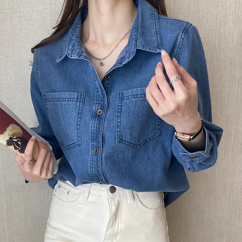 Lucyever Blue Denim Shirt Women 2023 Autumn New Single-Breasted Jeans Blouses Female Pockets Loose Fashion Lapel Cowboy Blusas  Amaijoin