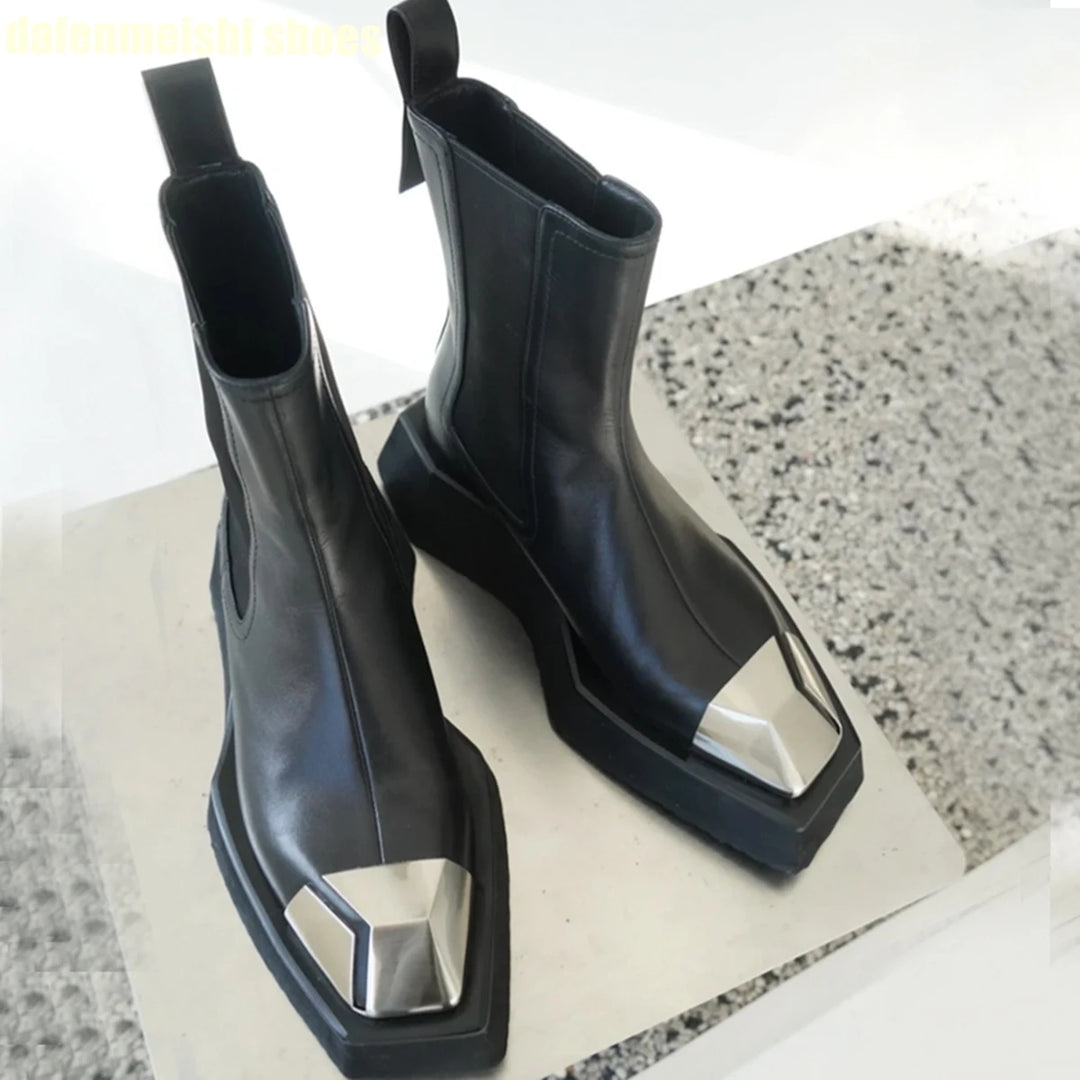 Metal Stitching Fashion Square Toe Boots 2024 Women's Style Thick Sole Motorcycle Style Slip On Short Boots Black Real Leather  Amaijoin