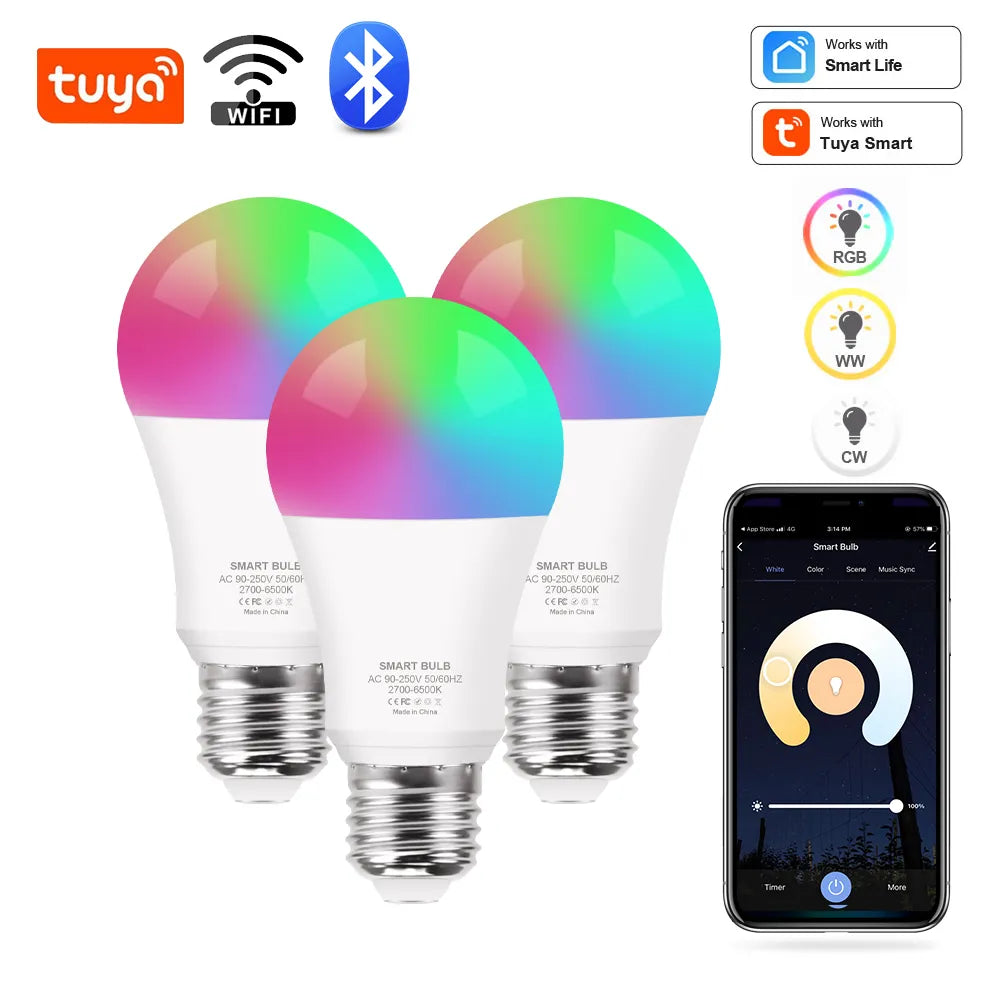 Tuya Wifi/Bluetooth Smart Bulb Alexa Led Lamp E27 RGB Smart Light Bulbs 110V 220V Smart Lamps For Google Assisatnt Smart Life  Amaijoin