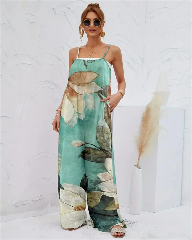 Spring and summer 2024 ladies digital printing color gradient sleeveless casual baggy jumpsuit  Amaijoin