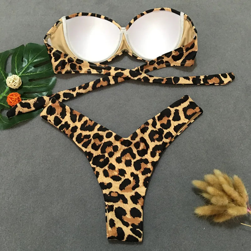 Sexy Leopard Bikini 2023 Push Up Bandeau Swimsuit Female Swimwear Women Thong Bikinis Set Bather Beachwear Bathing Suit Pool  Amaijoin