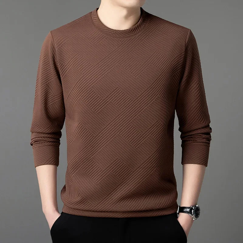 Spring and Autumn Men's Casual Jacquard Long sleeved Round Neck T-shirt Fashion Top  Amaijoin