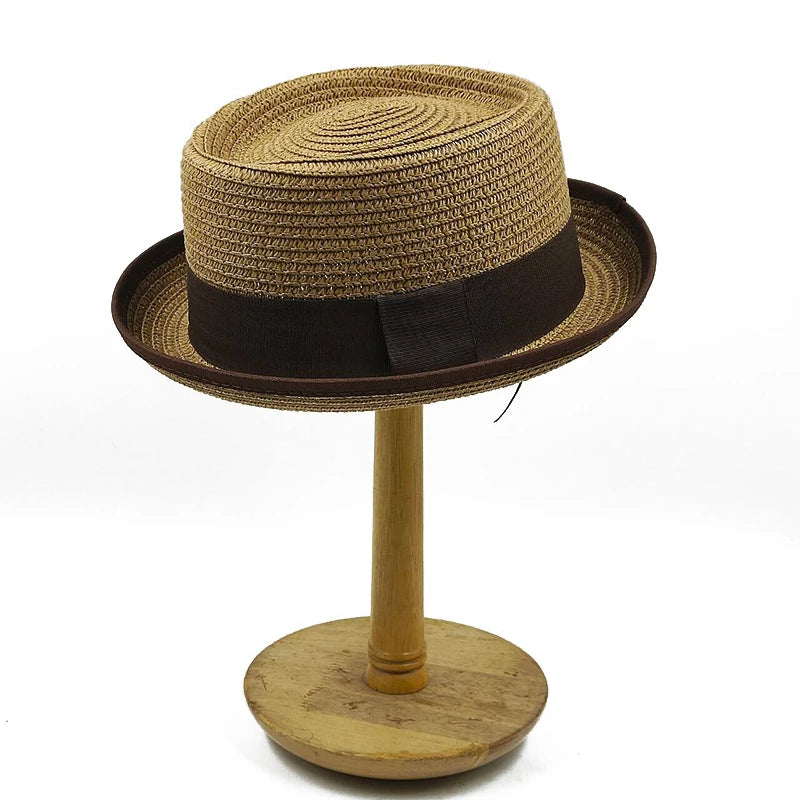 Small Top Hat Curled Men's and Women's Straw Hat Pork Pie Hat 2024 New Sun Hat Summer Beach Hat Gentleman Hat Bow Accessories  Amaijoin