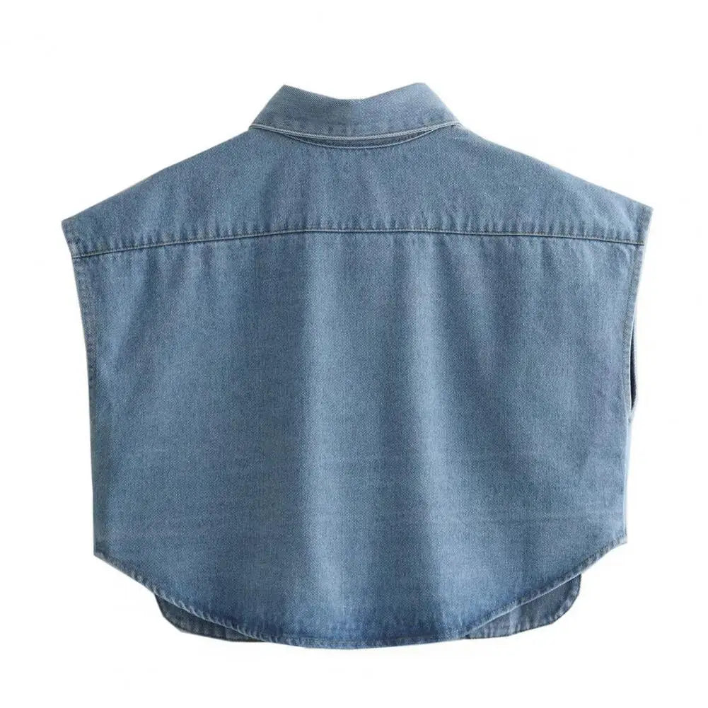 Summer Women Denim Cropped Shirt Lapel Sleeveless Flap Pockets Top Single Breasted Casual Denim Short Shirt  Amaijoin