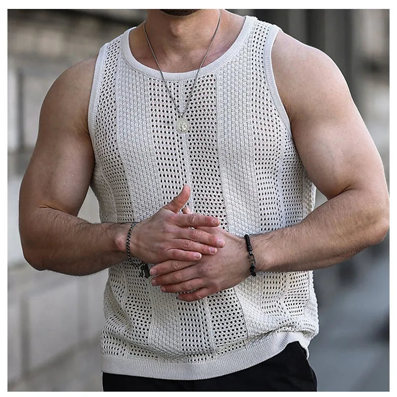 Summer New Men's Sleeveless T-shirt Sleeveless Slim Knit Vest Men's Tank Top Sexy Hollow Through Men's Vest FugeesTee Sportswear  Amaijoin