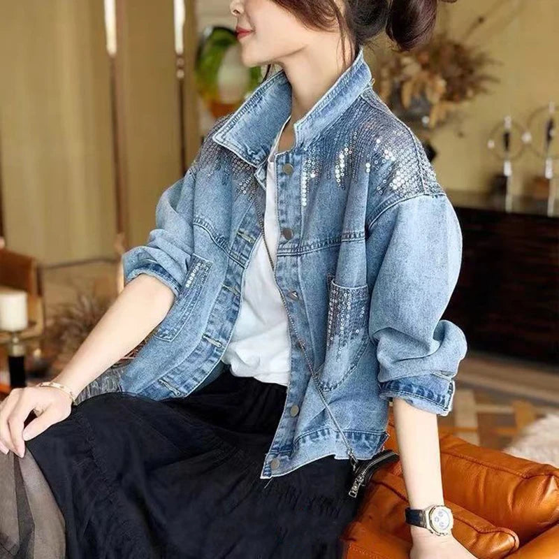 Lucyever 2022 Spring Autumn Denim Jacket Women Fashion Sequin Short Lapel Jean Coats Woman Casual  Full Sleeve Loose Button Coat  Amaijoin