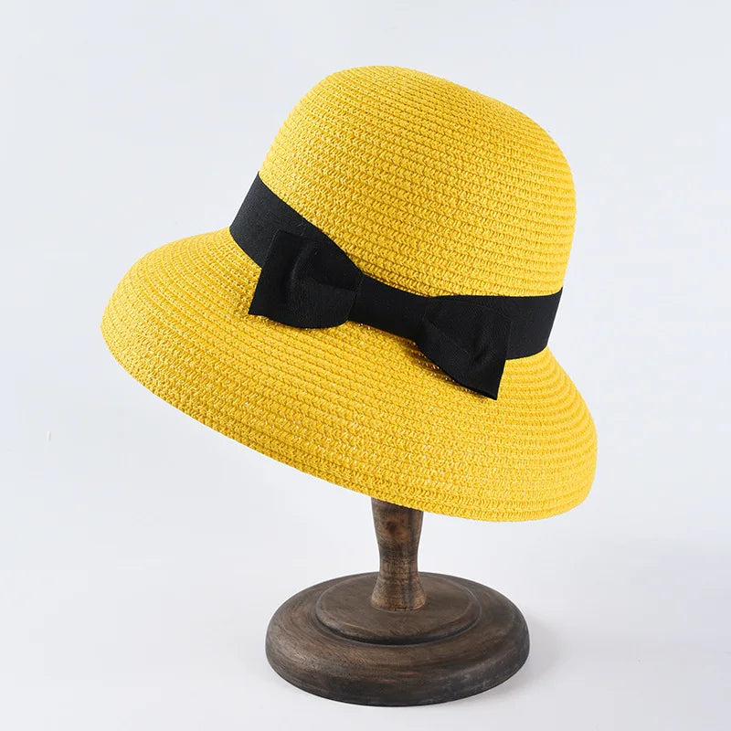 Hepburn bow ribbon sun hat women's straw hat Bucket hat color sunscreen sun hat beach hat wholesale  Amaijoin