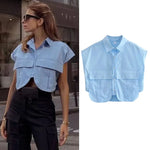 Carregue a imagem no visualizador da Galeria, TRAF Women Blouse Cropped Shirt Blue White Button Crop Shirt Elegant   Short sleeve Crop top Woman Office outfits Shirts Top  Amaijoin
