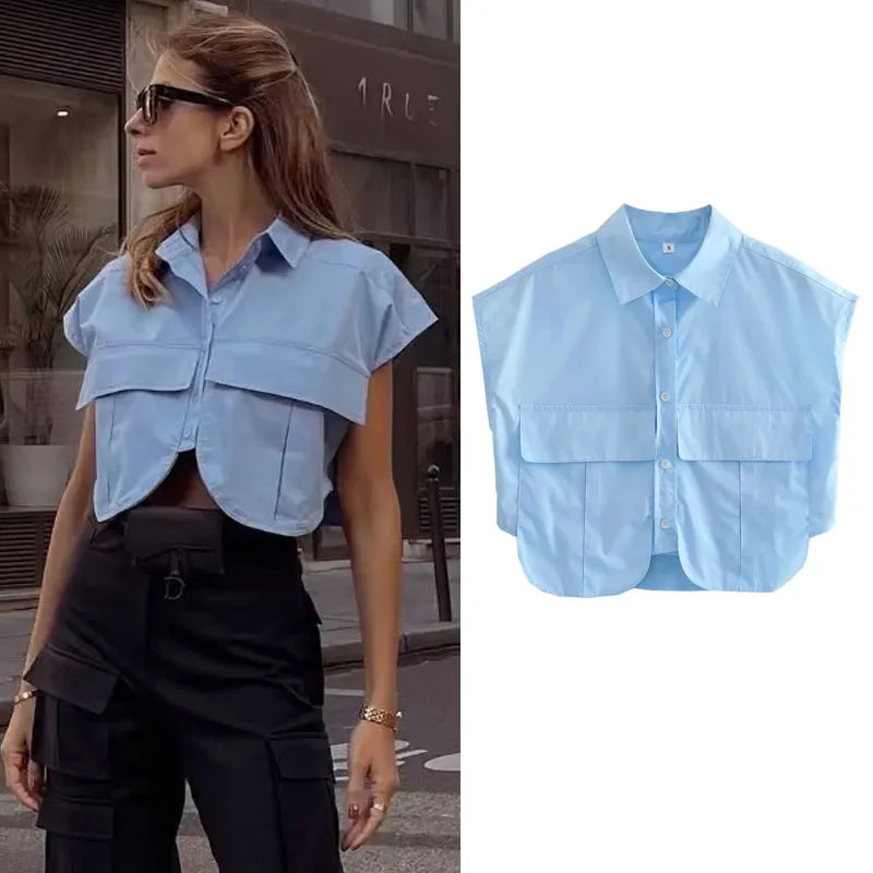 TRAF Women Blouse Cropped Shirt Blue White Button Crop Shirt Elegant   Short sleeve Crop top Woman Office outfits Shirts Top  Amaijoin